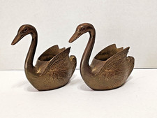 Vintage Pair Solid Brass Swan Planters Figurines MCM Hollywood Regency 5