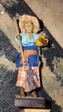 Vintage Folk Art Cloth Peasant Figure Straw Hat Stick Cup Handmade Wood Base picture