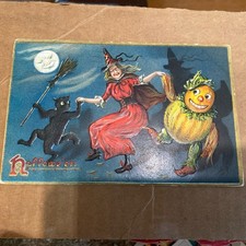 Vintage Postcard: Dancing Black Cat & Witch, Tuck's Halloween Series No.150 1908 picture