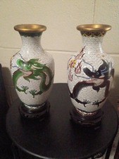 2 Vintage Chinese Cloisonne Dragon Vases picture
