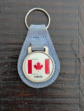 Vintage Canada Flag Enamel & Blue Suede Leather Key Fob Chain 1970s 1980s picture