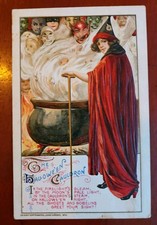 Antique Halloween Postcard Winsch Schmucker Witch In Red Robe Cauldron & Masks picture