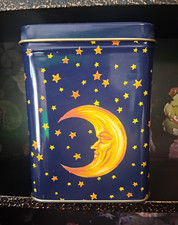 Vintage 90s Celestial Metal Tin Blue Gold Moon Face Stars Whimsigoth Stash Box picture