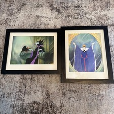 2 Vtg Disney Villains Framed Art Sericels Maleficent Evil Queen Magic Mirror picture