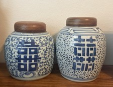 PAIR Antique Chinese Blue & White Porcelain Double Happiness Ginger Jars w Lids picture