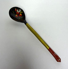 Hand-Painted Wooden Collectible Spoon Black Floral w/ Red Berries Folk Art  picture