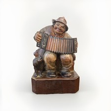 Vintage ANRI Italy Hand Carved Wood Accordion Player w Dog Figurine 6.25” picture