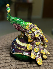 Peacock Jeweled Trinket Box Hinged Lid Metal Enamel Purple Green Gold Tone picture